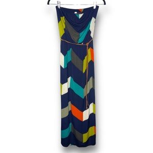 PinkBlush Maternity Size S Navy Multicolor Geometric Strapless Midi Summer Dress